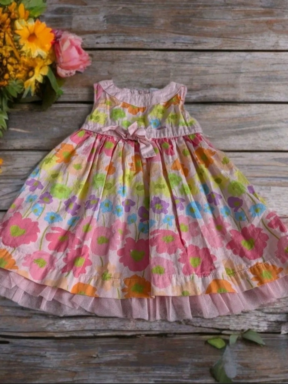 Cherokee Pink Floral Tiered Cotton Sundress with Bow Size 12 Months